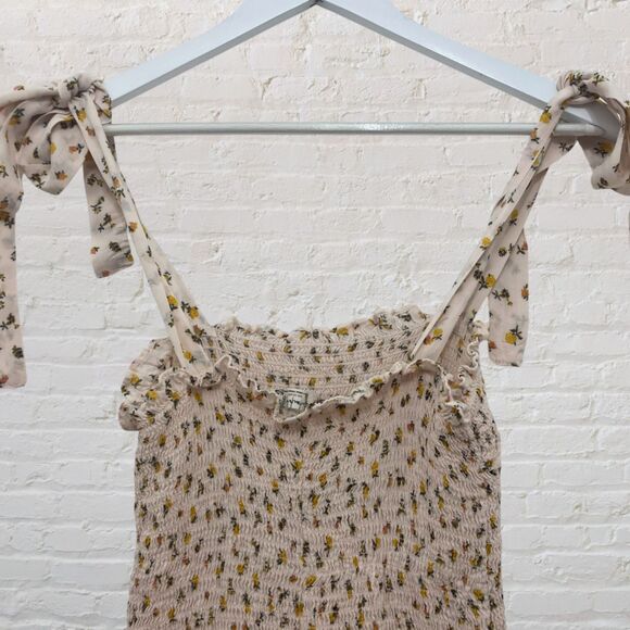 Free People Intimately Bella Smocked Dress S  Ivory Floral Mini Tie Straps Boho - Picture 5 of 16